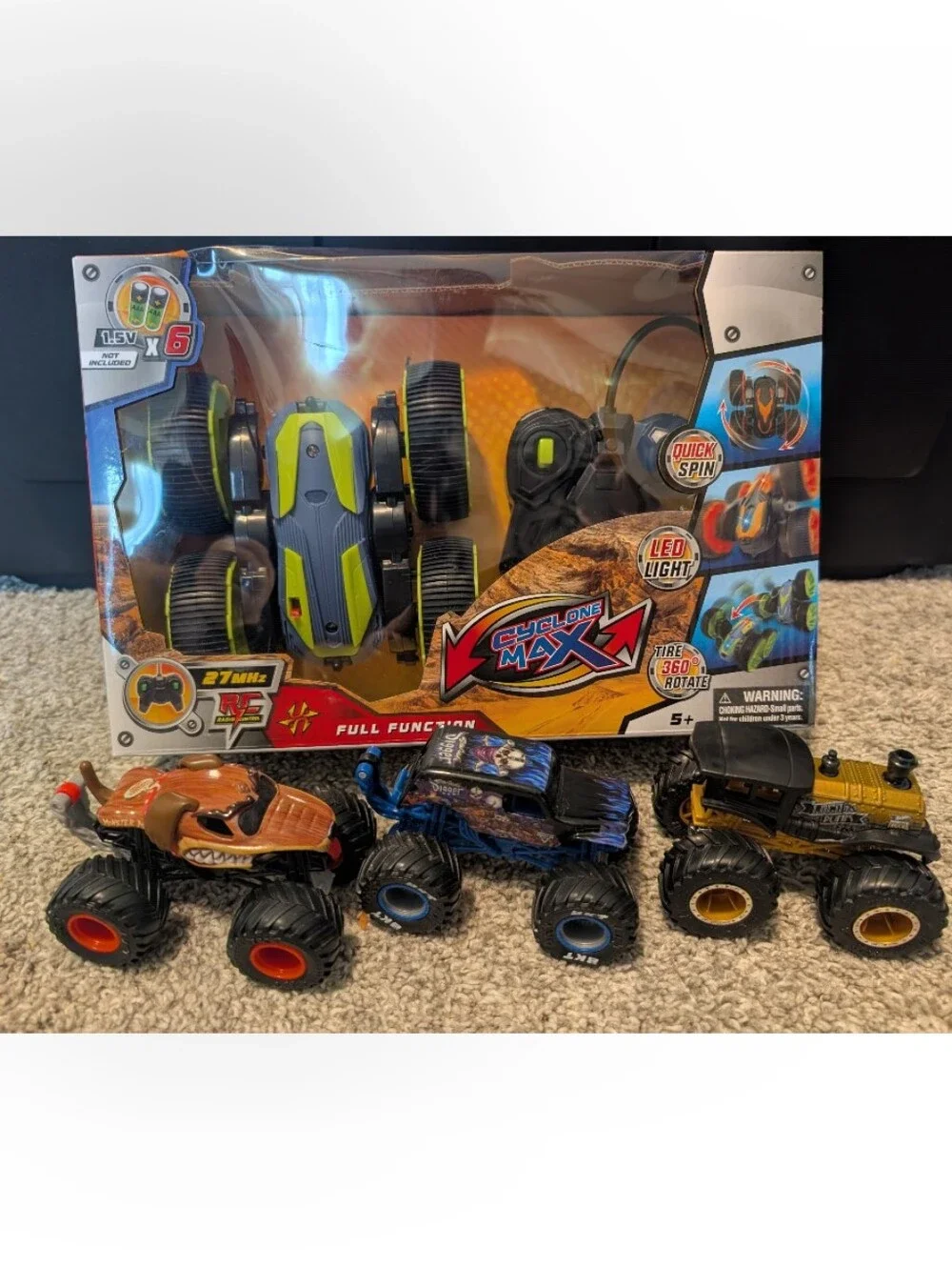 NWT Cyclone Max Remote Control Stunt Truck & 3 Small Monster Trucks.